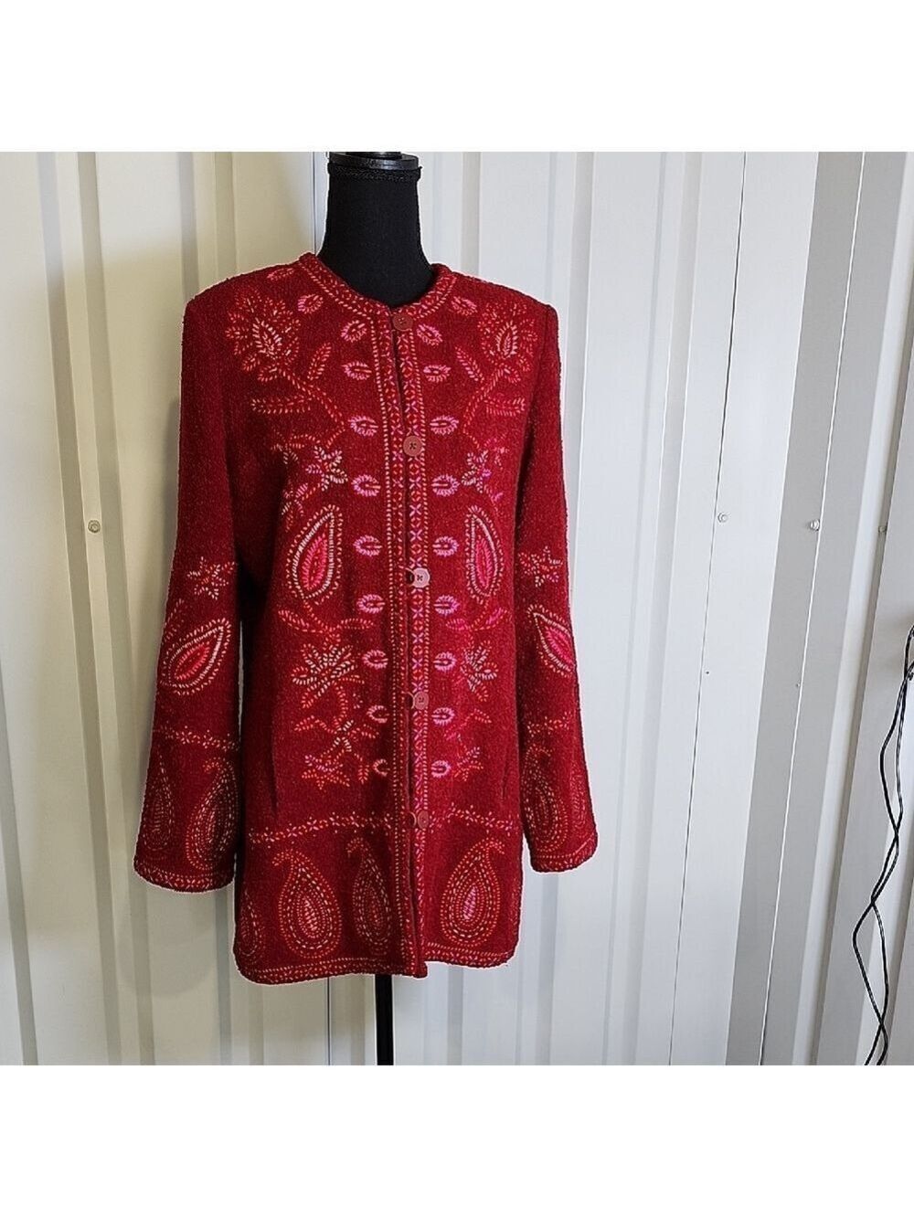 Linea by Louis Dell'Olio Red Textured Wool Blend Cardigan Jacket Size Small